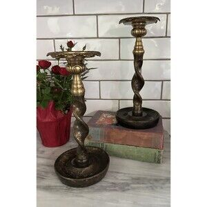 Pair Vintage Maitland Smith Bronze & Brass Barley Twist Candle Holders 10.5”